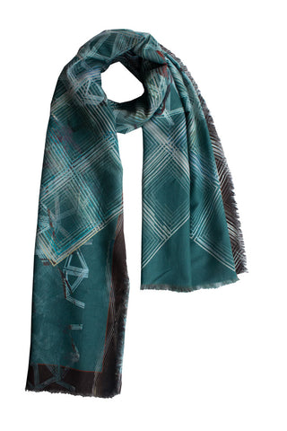 Silk/Cotton " Retro Check/Crystals Petrol" Stola 200x140cm