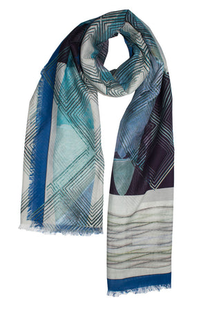 Silk/Cotton "Oval Gemstone Shape/Blue" Stola 200x140cm