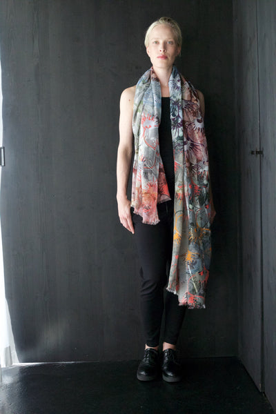 Silk/Cotton "Peacock Flowers" Stola 200x140cm