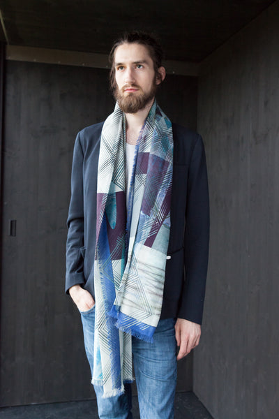 Silk/Cotton "Oval Gemstone Shape/Blue" Stola 200x140cm