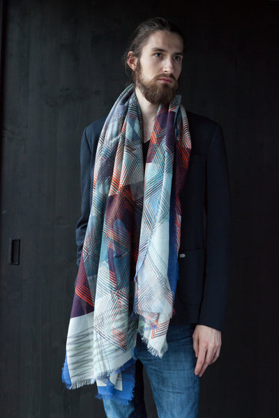 Silk/Cotton "Oval Gemstone Shape/Blue&Red" Stola 200x140cm