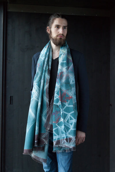 Silk/Cotton " Retro Check/Crystals Petrol" Stola 200x140cm