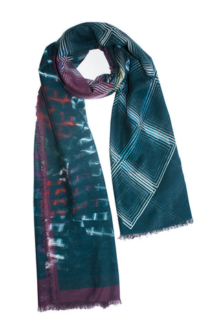 Silk/Cotton "FAN&Checks dark blue" Stola 200x140cm