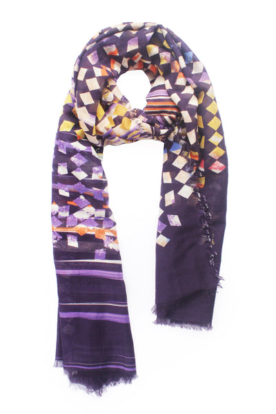 Silk/Cotton "Abstract Stripes" Violetblue Stola 200x140cm